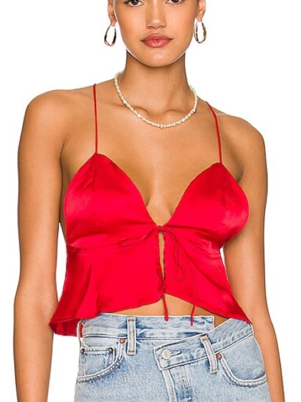 superdown Tie-Front “Isla” Satin Top in Red
